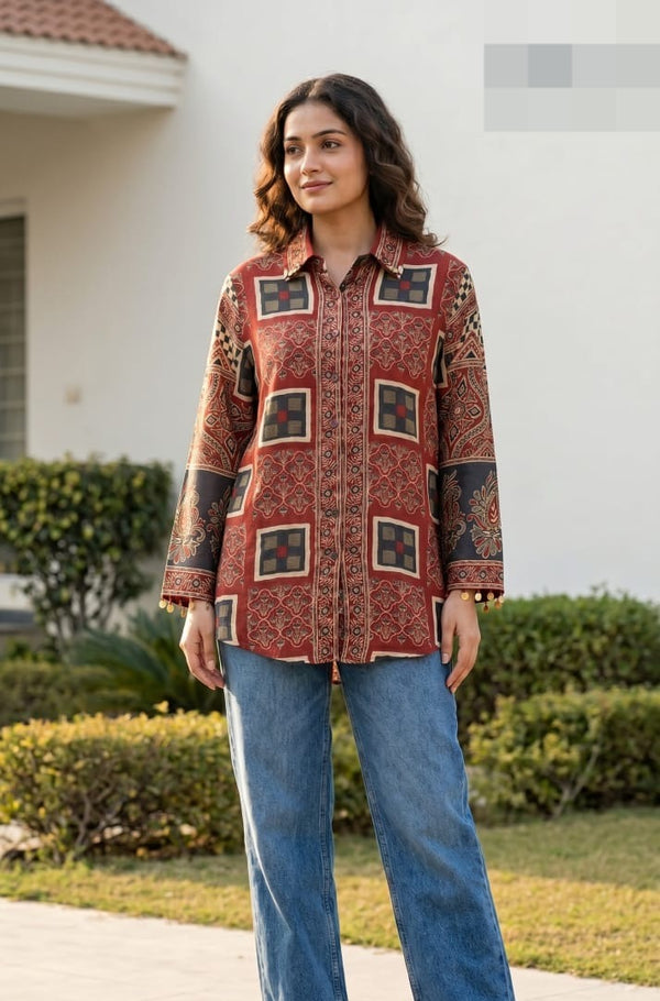 Woman wearing Ajrakh Print Shirt | Kunvarani