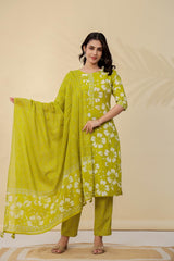Lime Green Floral Cotton Kurta Set with Dupatta