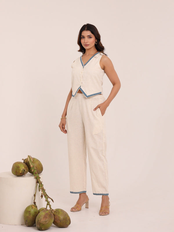 Off-White Cotton Vest Coord Set with Blue Trim