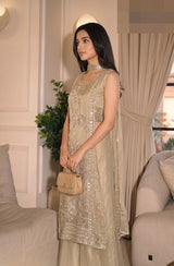 Styled look of Gold Tissue Sequin Work IndoWestern Dress with Dupatta from Kunvarani