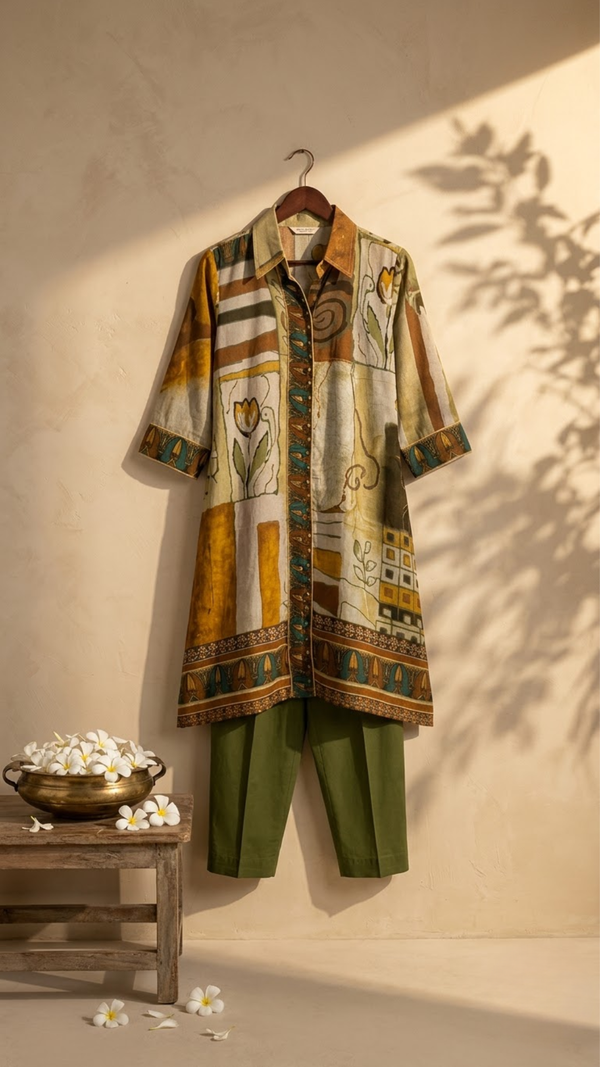 Front view of Brown Soft Muslin Batik Print IndoWestern Dress from Kunvarani