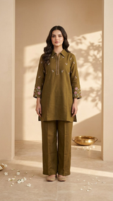 Front view of Olive Green Chanderi Cotton Embroidery Kurti Set from Kunvarani