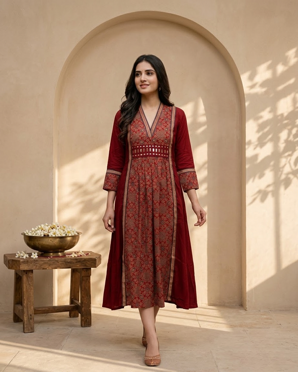 Red Ajrakh Print Silk Mirror Work V-Neck Dress