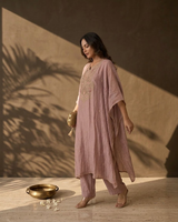 Fabric and detail close up of Pink Tissue Zardosi Work Mandarin Collar IndoWestern Dress from Kunvarani