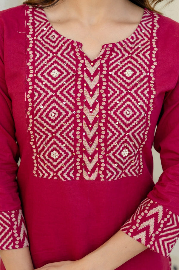 Wine Geometric Embroidered Kurta Set with Dupatta