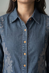 Woman wearing Royal Blue Denim Patch Work Co Ord Set | Kunvarani
