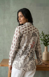Fabric and detail close up of Off-White Mull Cotton Ajrakh Print Shirt from Kunvarani