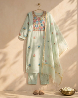 Mint Green Kota Doria Hand-Embroidered Kurta Set
