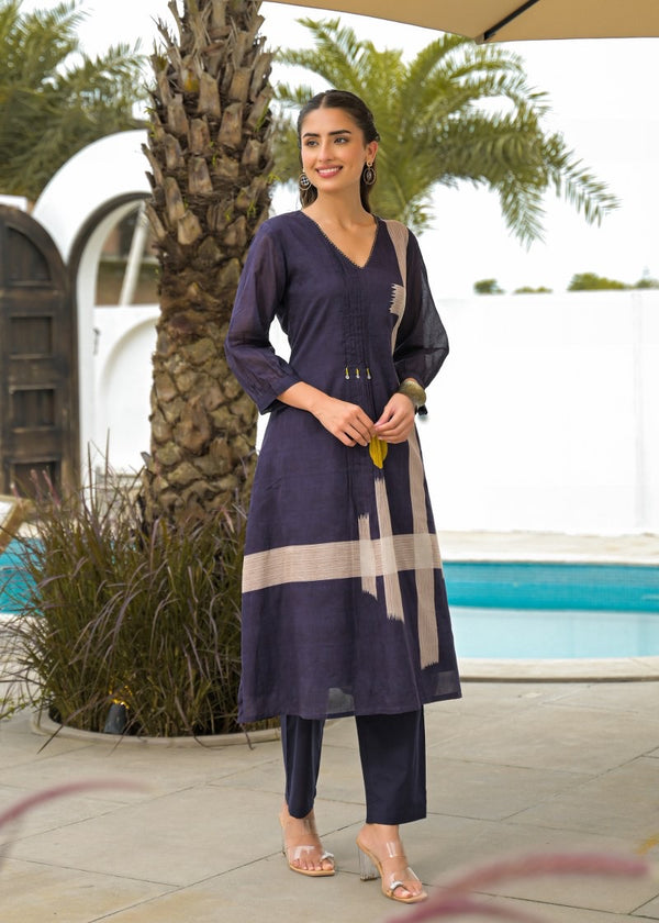 Navy Blue Ikat Border Kurta Pant Set