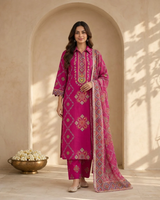 Woman wearing Hot Pink Pearl Work Kurti Set with Dupatta | Kunvarani
