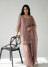 Front view of Baby Pink Tissue Beadwork Suit Set with Dupatta from Kunvarani