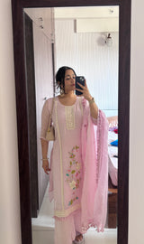 Blush Pink Organza Embroidery Kurti Set with Dupatta