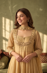 Fabric and detail close up of Gold Tissue Zardosi Work IndoWestern Dress from Kunvarani