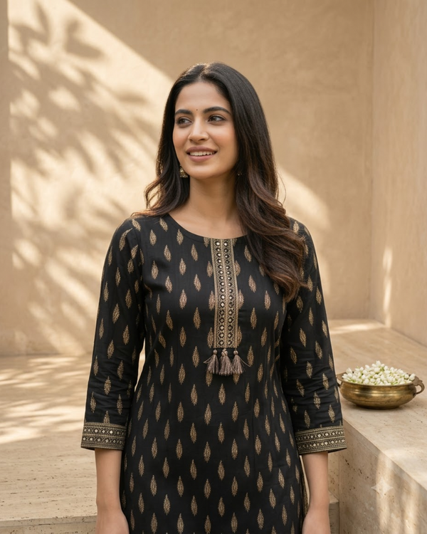 Black Cotton Kurti Set - Small Mirror Work Ajrakh Print