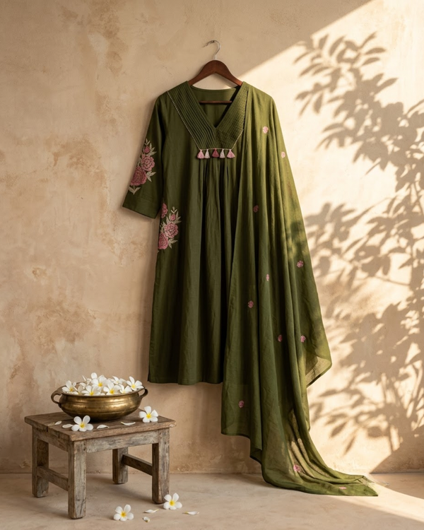 Green Embroidered Kurta Set with Dupatta
