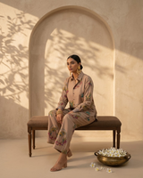 Brown Cotton Coord Set - Floral Print Collar Neck