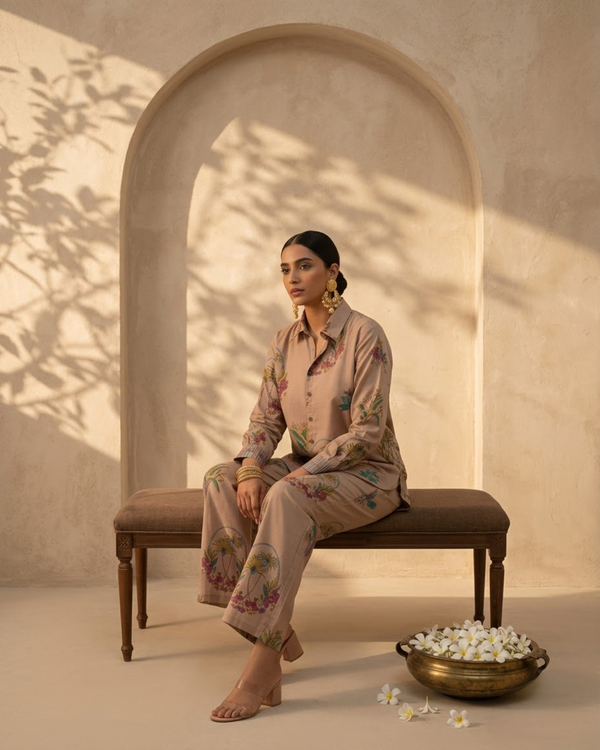 Brown Cotton Coord Set - Floral Print Collar Neck