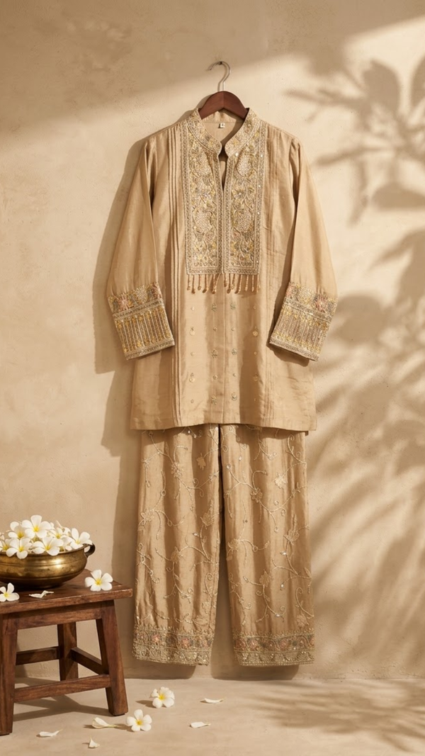Woman wearing Gold Chinnon Sequin Work Mandarin Collar IndoWestern Co Ord Set | Kunvarani