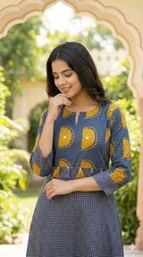 Blue Sun-Print Cotton Kurta Pant Set