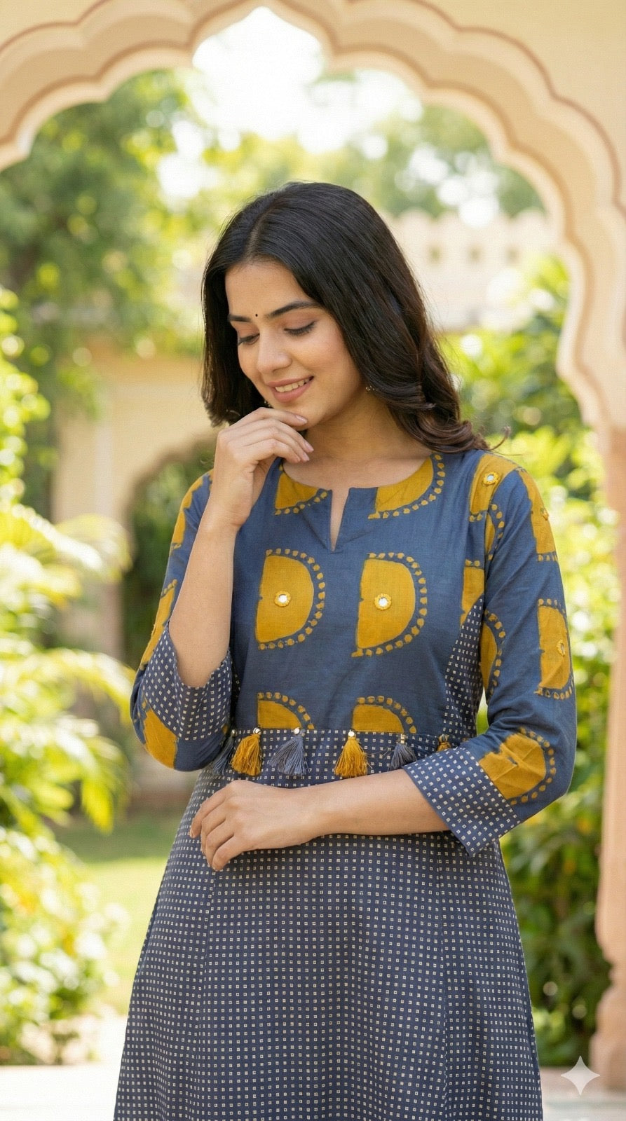Blue Sun-Print Cotton Kurta Pant Set