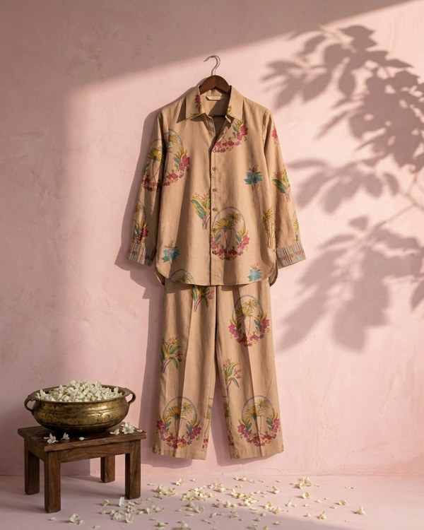 Brown Cotton Coord Set - Floral Print Collar Neck