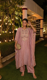 Side view of Pink Tissue Zardosi Work Mandarin Collar IndoWestern Dress from Kunvarani