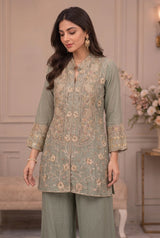 Woman wearing Powder Blue Chinnon Sequin Work IndoWestern Co Ord Set | Kunvarani