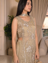 Back view of Gold Tissue Sequin Work IndoWestern Dress with Dupatta from Kunvarani