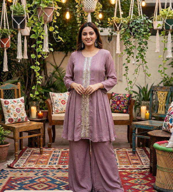 Mauve Sequin Panel Kurta Pant Set