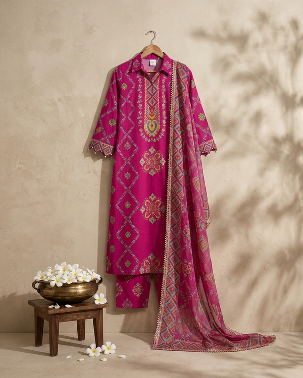 Front view of Hot Pink Pearl Work Kurti Set with Dupatta from Kunvarani