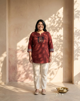 Woman wearing Plus Size Red Mirror Work Mandarin Collar Kurta | Kunvarani