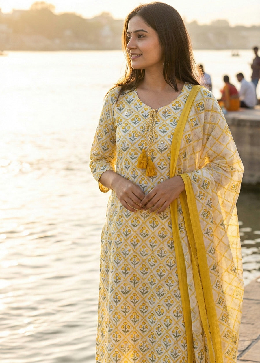 Mustard Floral Block Print Kurta Set