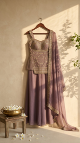 Purple Soft Tissue Embroidery IndoWestern Dress with Dupatta