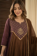 Brown Embroidery Mandarin Collar Kurti Set with Dupatta