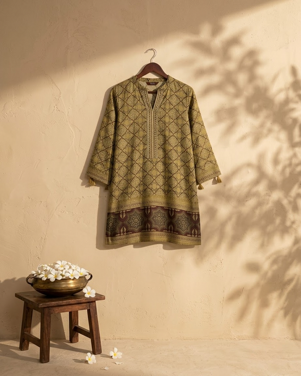 Mehendi Green Crepe Embroidery Mandarin Collar Shirt