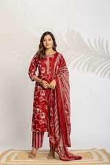 Pink Abstract Print Cotton Kurta Set with Dupatta