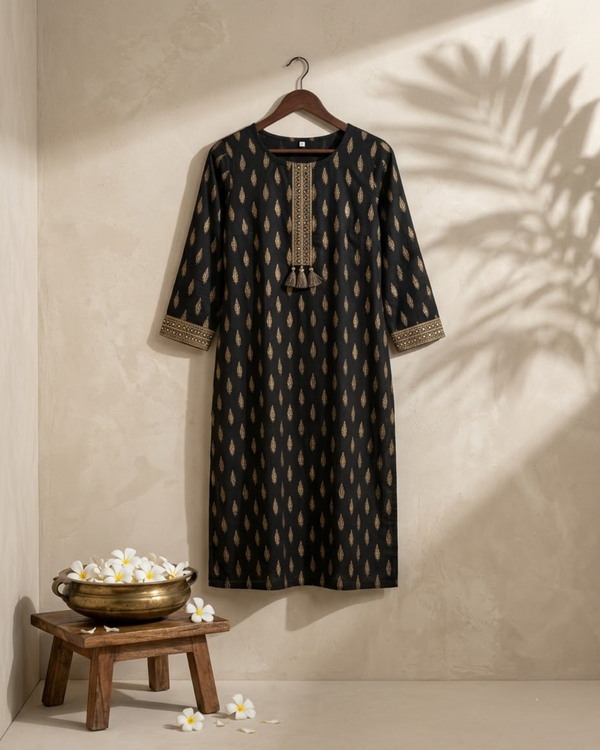 Black Cotton Kurti Set - Small Mirror Work Ajrakh Print