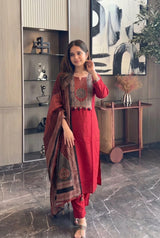 Red Embroidery Kurti Set with Dupatta