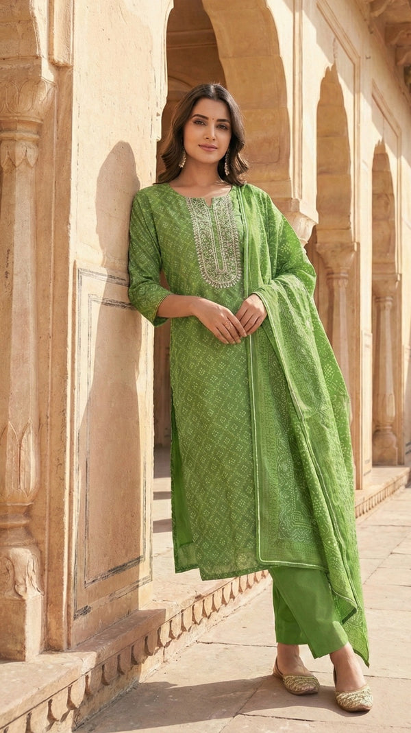Green Chanderi Bandhej Kurta Set with Dupatta