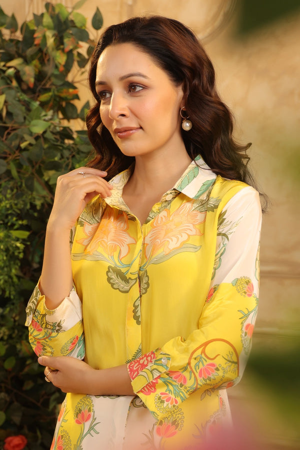 Yellow Floral Muslin Shirt Kurta Set