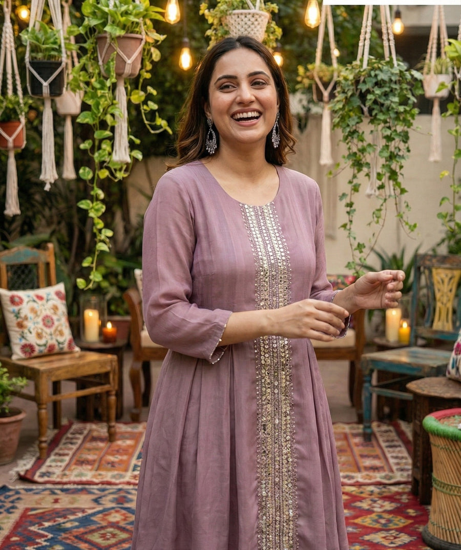 Mauve Sequin Panel Kurta Pant Set