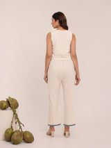 Off-White Cotton Vest Coord Set with Blue Trim