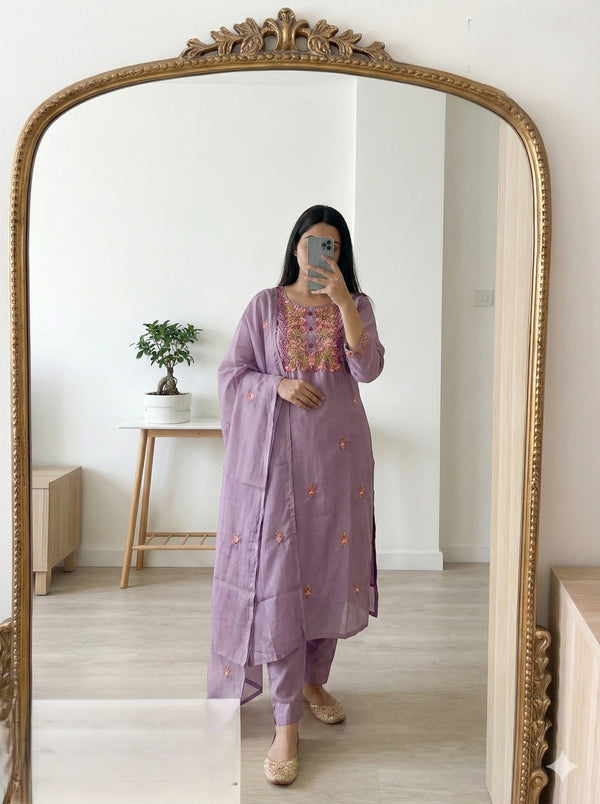 Mauve Embroidered Kurta Set with Dupatta