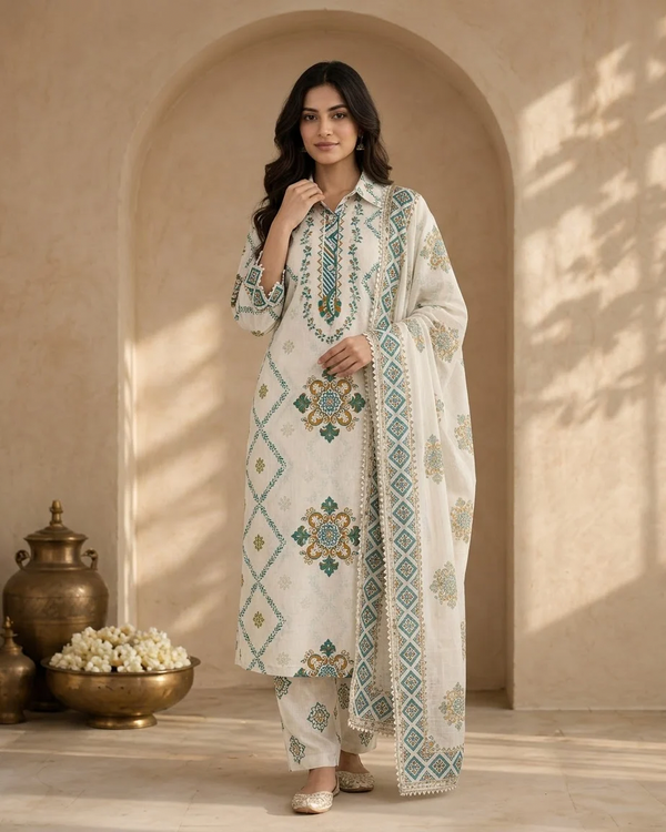 Woman wearing White Pearl Work Kurti Set with Dupatta | Kunvarani