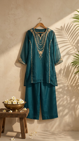 Front view of Navy Blue Soft Tissue Zardosi Work IndoWestern Dress from Kunvarani