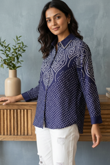 Royal Blue Crepe Bandhani Print Shirt
