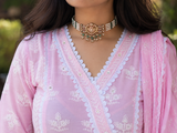 Cotton Lucknowi Lace Anarkali Suit Set with Dupatta
