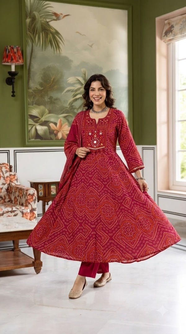 Pink Bandhani Print Mirror Work Anarkali with Dupatta