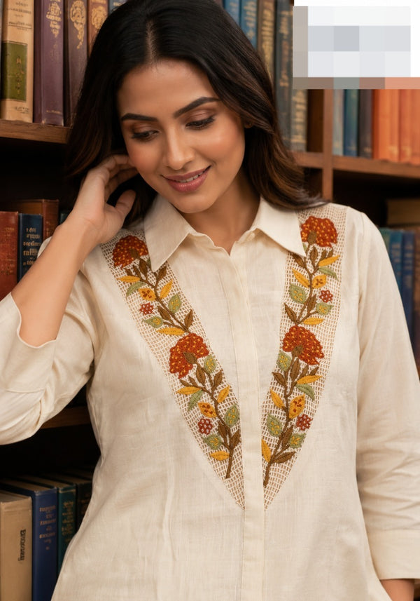 Woman wearing Flower Embroidery work Coord Set | Kunvarani