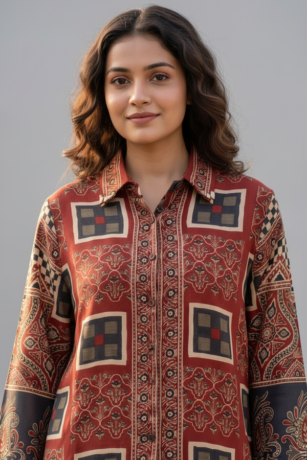 Woman wearing Ajrakh Print Shirt | Kunvarani